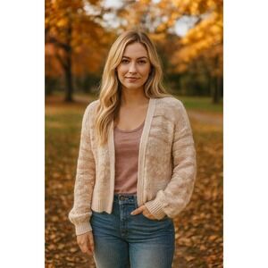 NWT Saltwater Luxe Womens 3D Knit Balloon Sleeve Cardigan Sweater Size M Neutral